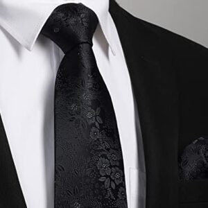 HISDERN Men Solid Black Floral Ties Woven Classic 3.4" Necktie Set Formal tie Pocket Suqare for Wedding Business with Handkerchief