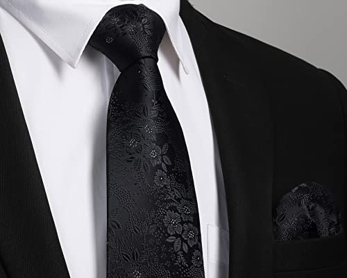 HISDERN Men Solid Black Floral Ties Woven Classic 3.4" Necktie Set Formal tie Pocket Suqare for Wedding Business with Handkerchief