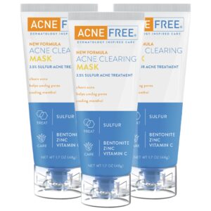 acnefree acne clearing mask, 3.5% sulfur acne treatment, absorbs excess oil and unclogs pores with vitamin c, bentonite, and zinc, 1.7 ounce - pack of 3