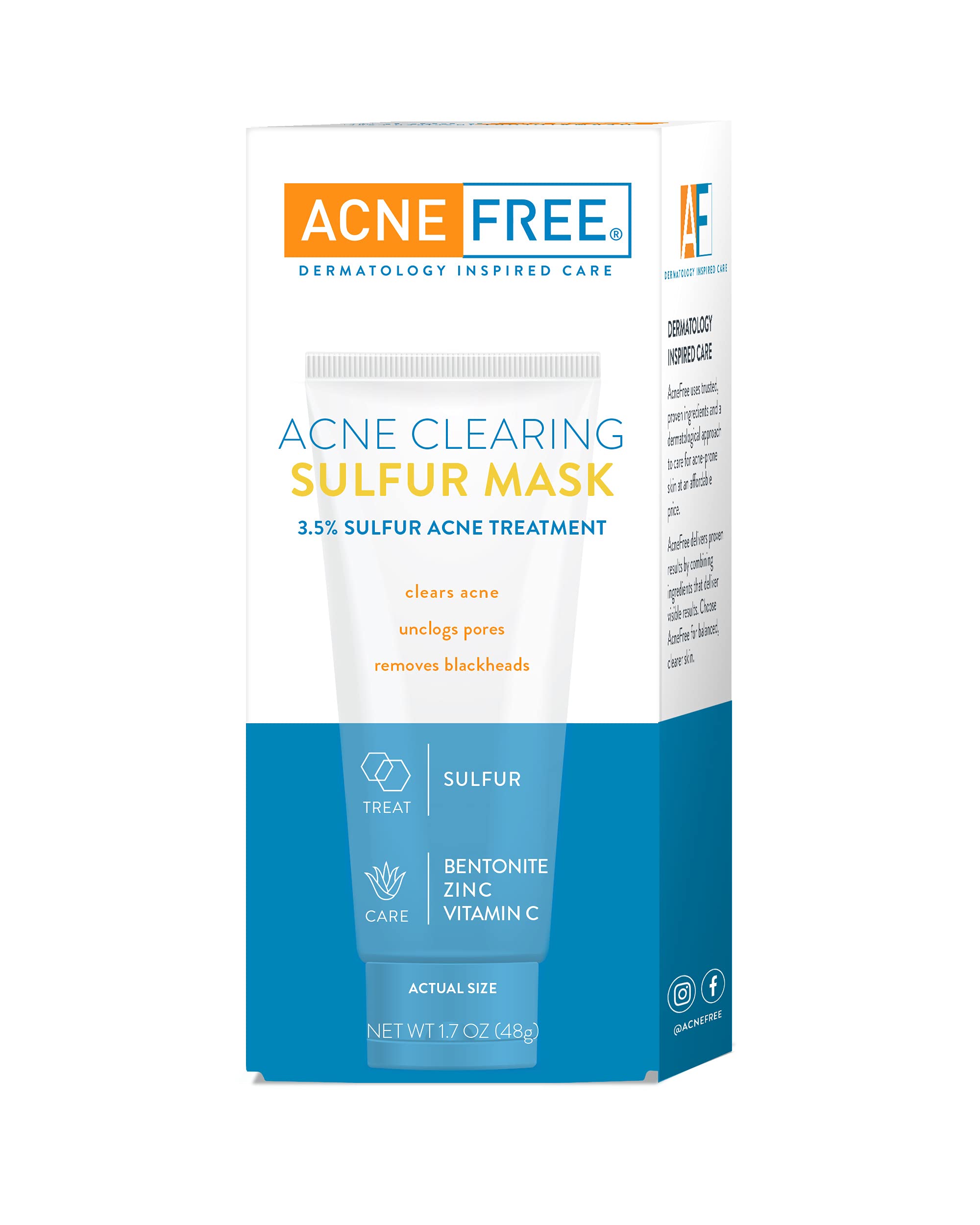 AcneFree Acne Clearing Mask, 3.5% Sulfur Acne Treatment, Absorbs Excess Oil and Unclogs Pores with Vitamin C, Bentonite, and Zinc, 1.7 Ounce - Pack of 3