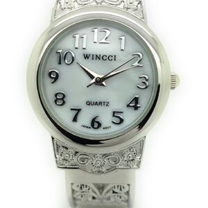 Wincci Ladies Elegant Metal Bangle Cuff Fashion Watch Pearl Dial (Silver)