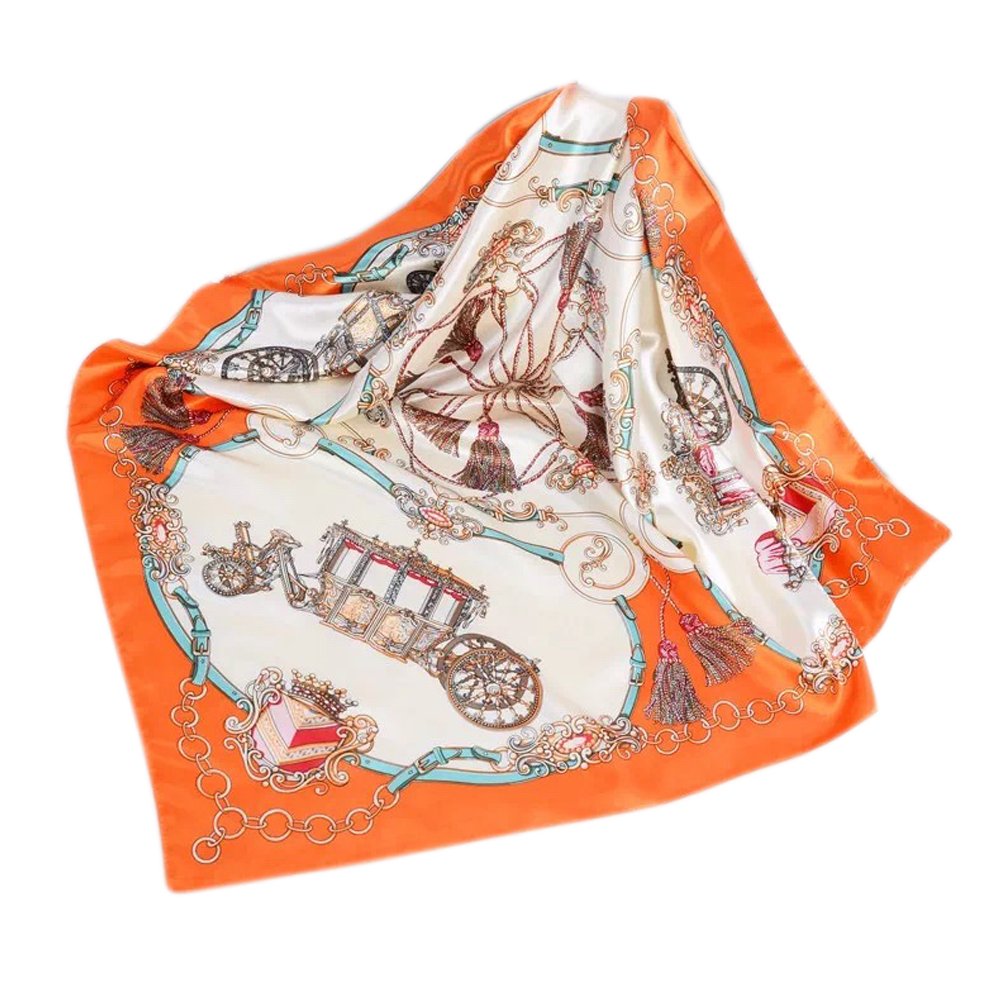 YOUR SMILE Silk Feeling Scarf Women's Fashion Pattern Orange Carriage Large Square Satin Headscarf (305)