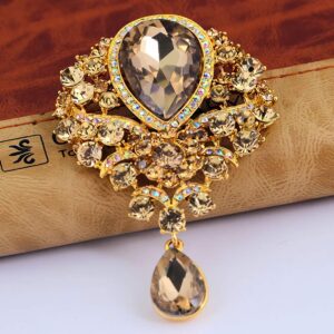 Wedding Bridal Big Crystal Rhinestone Bouquet Brooch Pin for Women (gold)