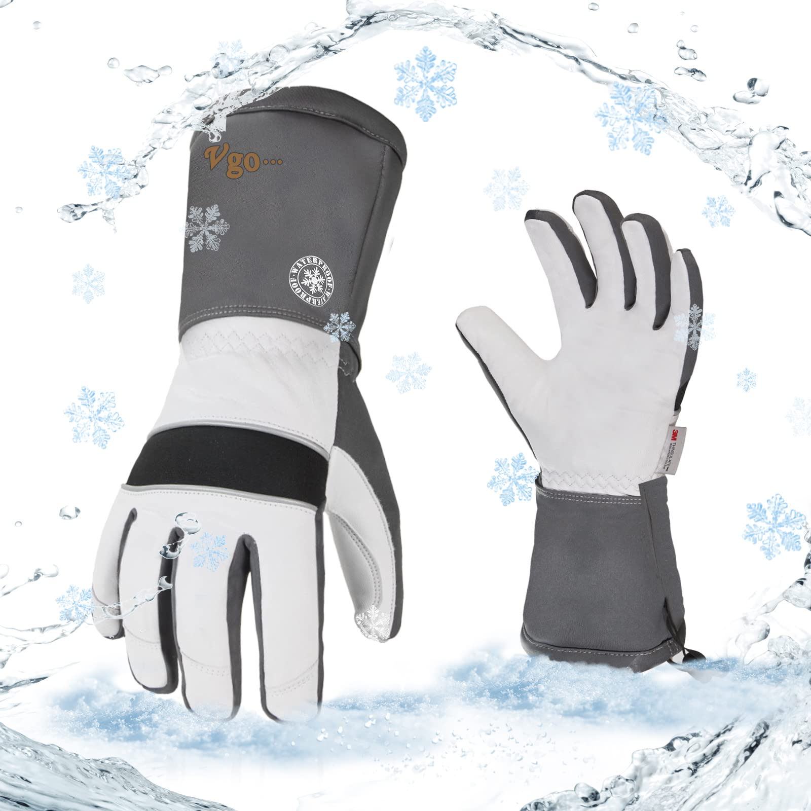 Vgo... High Dexterity Goatskin Leather Winter Warm Ski Gloves Waterproof Insert, Touchscreen, Cold Storage Work Gloves, G200 Thinsulate, (1 Pair,M, GA8435FW)