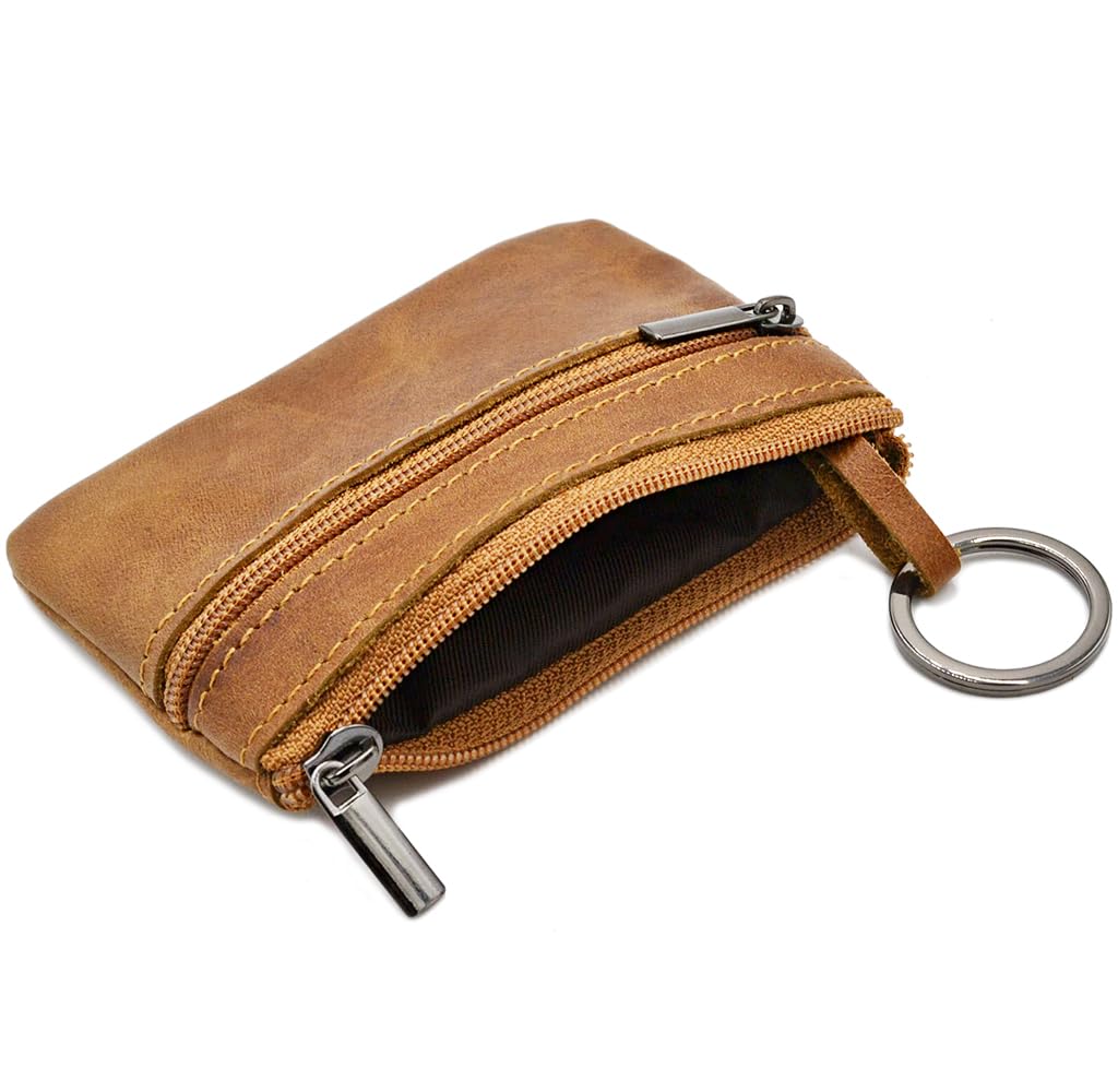 Women Genuine Leather Coin Pouch Zip Mini Purse Wallet Key Chain Double Zipper