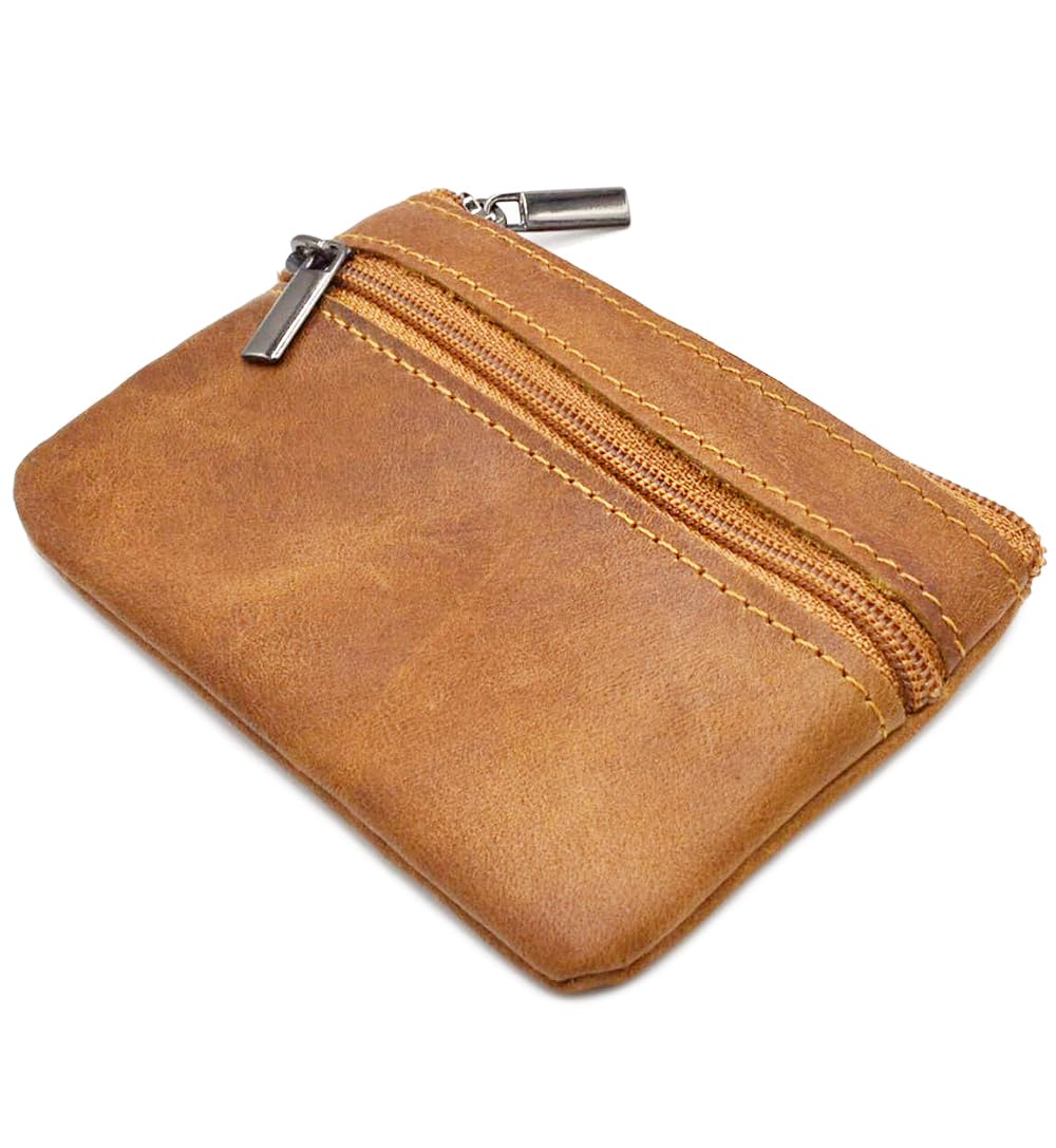 Women Genuine Leather Coin Pouch Zip Mini Purse Wallet Key Chain Double Zipper