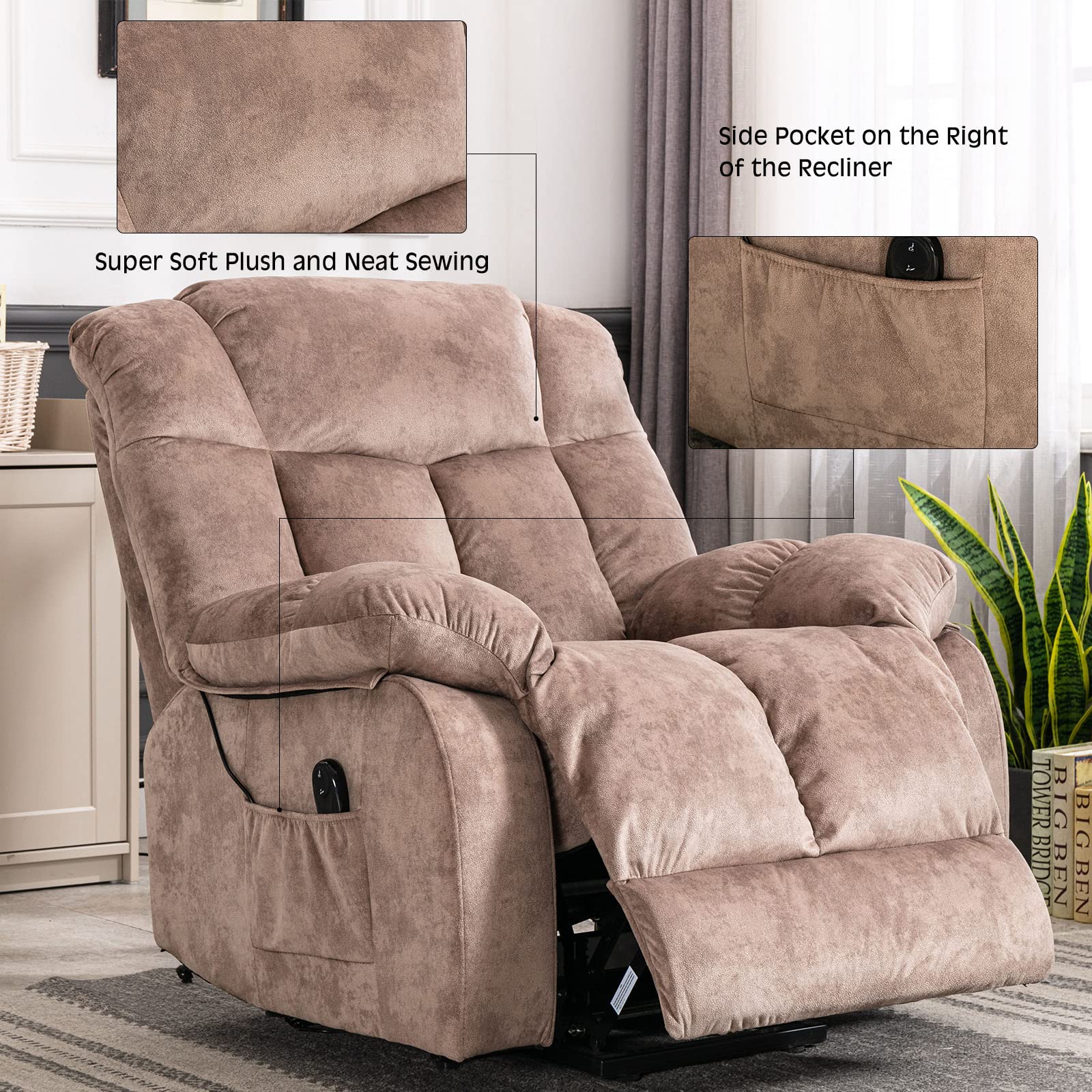 CANMOV Power Lift Recliner Chair for Elderly- Heavy Duty and Safety Motion Reclining Mechanism-Antiskid Fabric Sofa Living Room Chair with Overstuffed Design, Camel