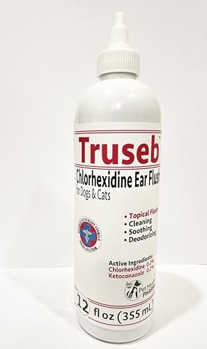 Truseb Advanced Topical Dog Ear Wash with Ketoconazole & Chlorhexidine Ear Flush Dog, Cats and Horses, with Aloe - 12 oz Made in U.S.A (Ketoconazole & Chlorhexidine Ear Flush, 12 oz)