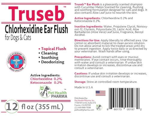 Truseb Advanced Topical Dog Ear Wash with Ketoconazole & Chlorhexidine Ear Flush Dog, Cats and Horses, with Aloe - 12 oz Made in U.S.A (Ketoconazole & Chlorhexidine Ear Flush, 12 oz)