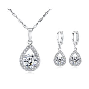 Ruzzykea Women Wedding Bridesmaid Jewelry Set Zirconia Teardrop Dangle Hoop Earrings Necklace Set for Bride Prom Party