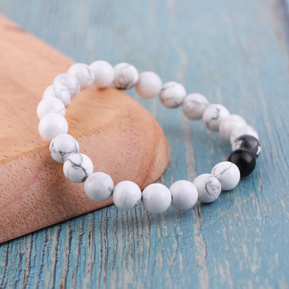 2 Pcs Couple Distance Relationship Bracelets Black Matte Agate & White Howlite Energy Beads Stone Ying Yang Balance Bracelet Banglet for Lovers Touch Bracelets Long Distance Relationship¡­