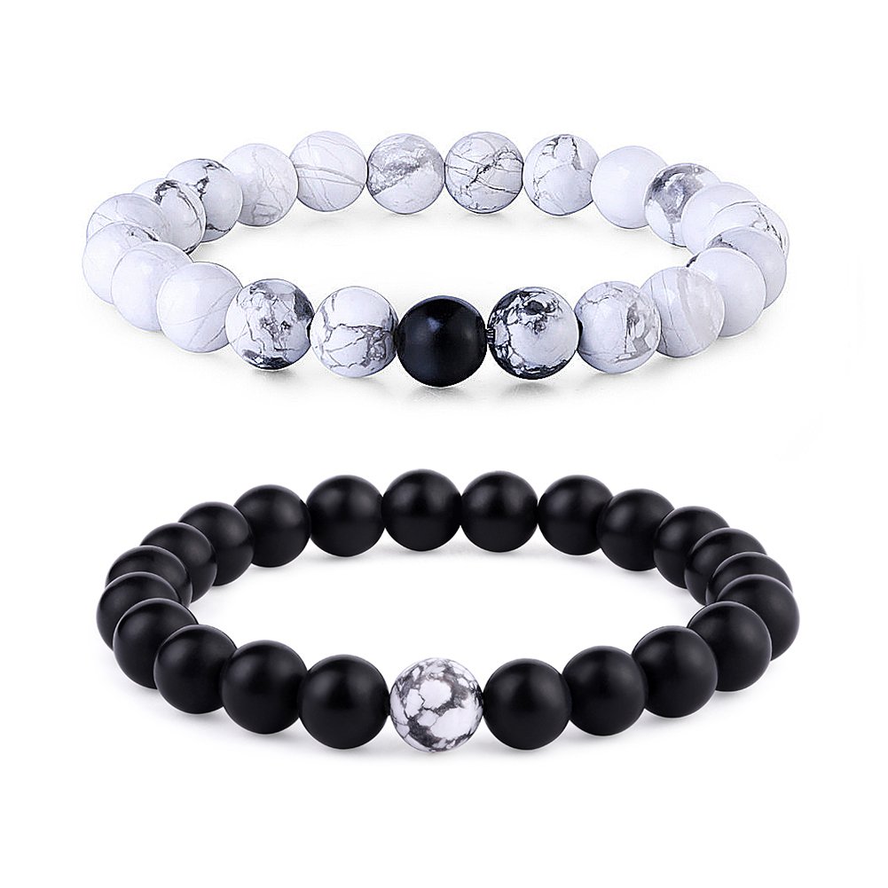 2 Pcs Couple Distance Relationship Bracelets Black Matte Agate & White Howlite Energy Beads Stone Ying Yang Balance Bracelet Banglet for Lovers Touch Bracelets Long Distance Relationship¡­