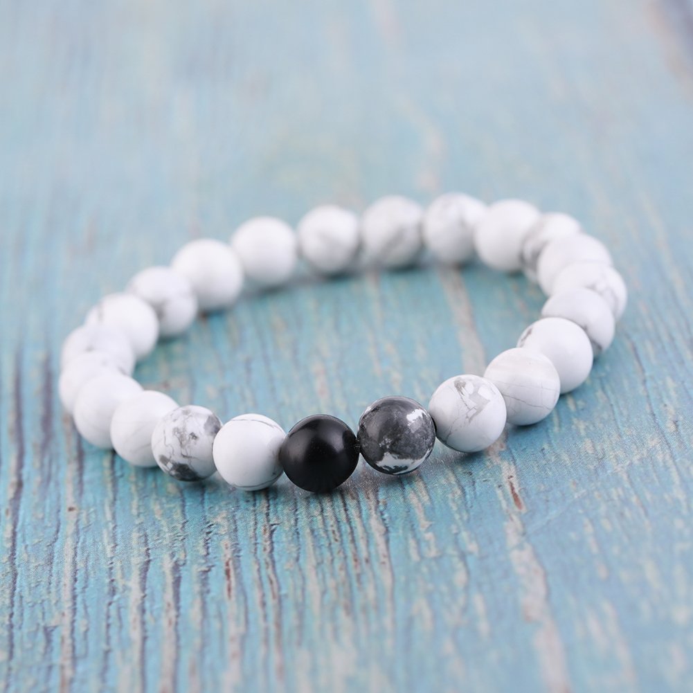 2 Pcs Couple Distance Relationship Bracelets Black Matte Agate & White Howlite Energy Beads Stone Ying Yang Balance Bracelet Banglet for Lovers Touch Bracelets Long Distance Relationship¡­