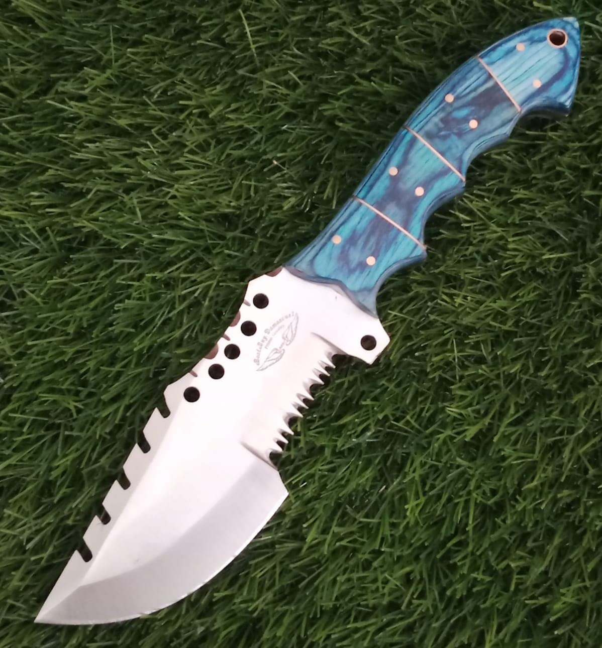 Best.Buy.Damascus1 Handmade Tracker knife Blue Wooden Handel 9.5" Tracker Fixed Blade hunting 420c Stainless Steel Hunting Knife Prime Quality