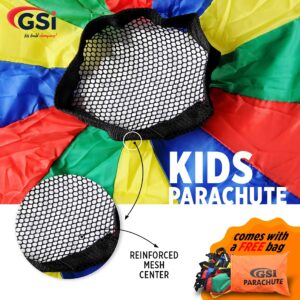 gsi kids play parachute 24 ft, 30ft, 35ft toy with handles and carry bag for cooperative play and for upper-body strength | multi-colored