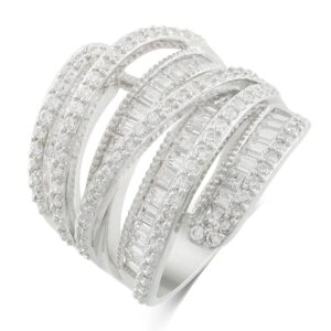 Rhodium Plated Baguette Cubic Zirconia Wide Band Cocktail Ring