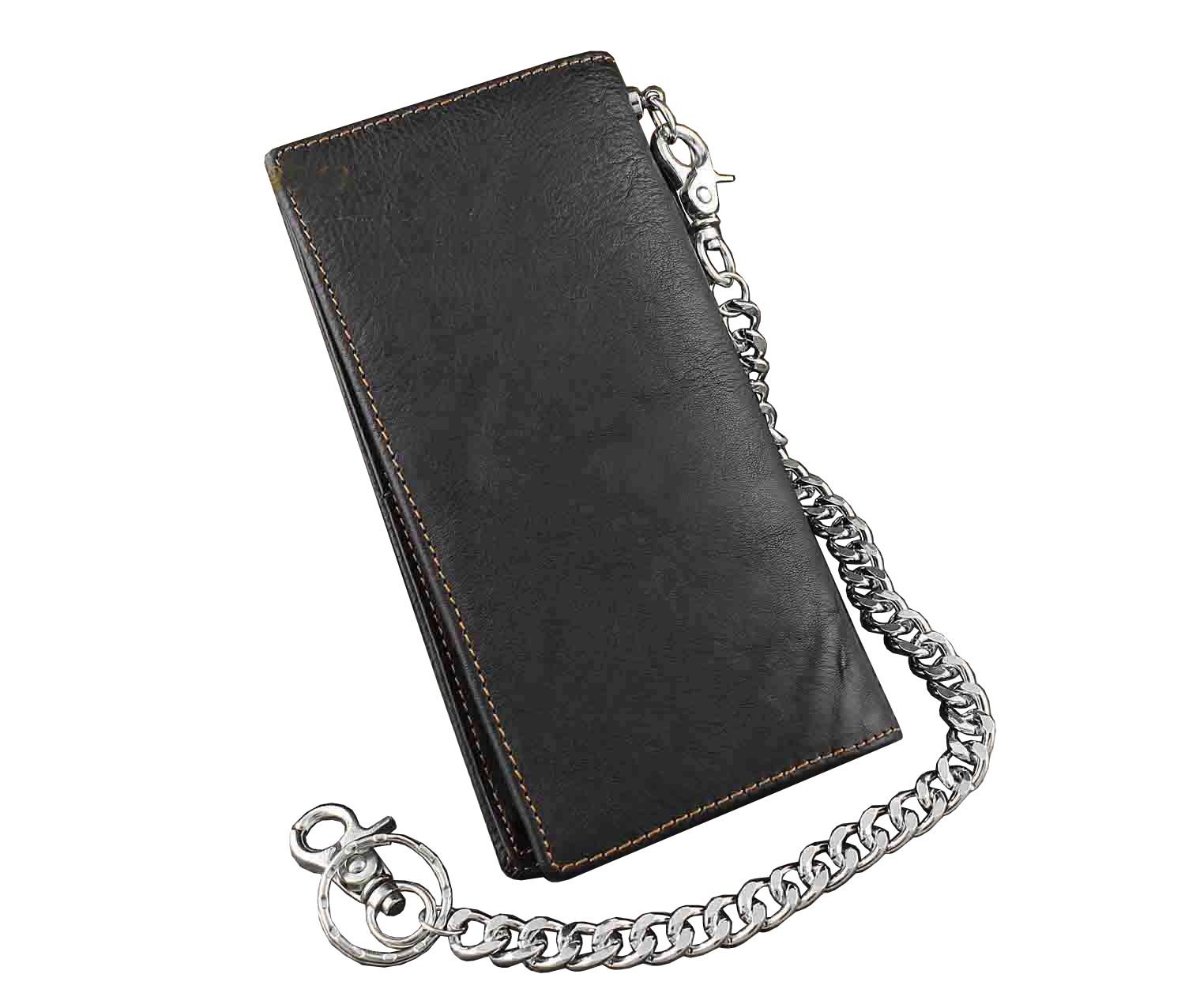 Biker Rock Star Concho Mens Card Money Long Black Real Leahter Wallet With Chain