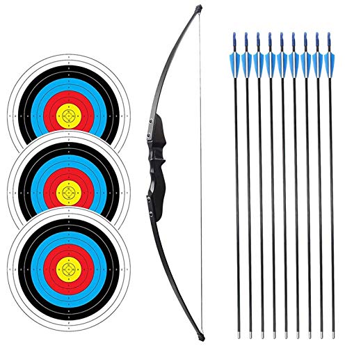 54" Long Bow for Right Handed 30 LBs Draw Weight Archery Bow Shooting Larp Hunting Game with 9 Arrows and 3 Target Faces