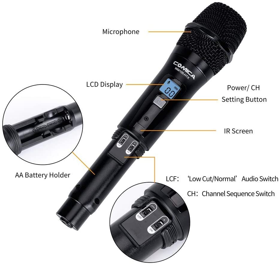 Comica CVM-WM100H Wireless Handheld Microphone with UHF 48 Channels, 328 ft Wireless Range,Real time Monitor, LCD Display, Wireless Microphone for Camera, Camcorder, iPhone, Samsung and More