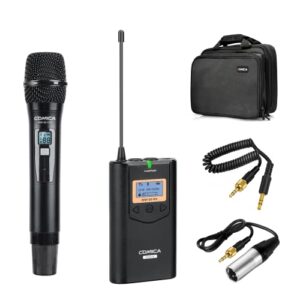 Comica CVM-WM100H Wireless Handheld Microphone with UHF 48 Channels, 328 ft Wireless Range,Real time Monitor, LCD Display, Wireless Microphone for Camera, Camcorder, iPhone, Samsung and More