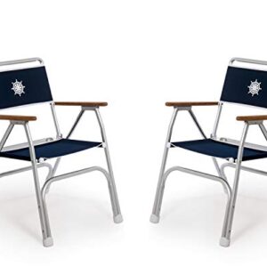 FORMA MARINE Boat Chairs Navy Blue Deck Folding Marine Aluminum Teak Furniture Set of 2 M100NB