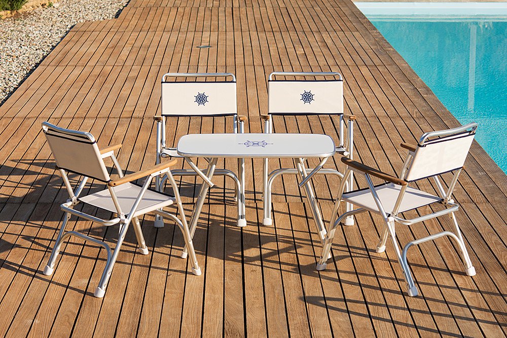 FORMA MARINE Boat Chairs Navy Blue Deck Folding Marine Aluminum Teak Furniture Set of 2 M100NB