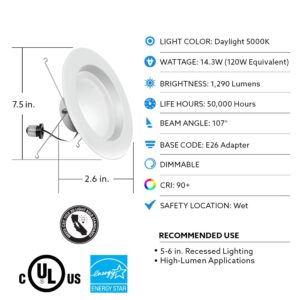 Feit Electric 5,6 inch LED Recessed Downlight, Pre,Mounted Trim, Standard E26 Base Adapter, Dimmable High Output 120W Equivalent, 1290 Lumens, 45 Year Life, 5000K Daylight - LEDR56HO/950CA