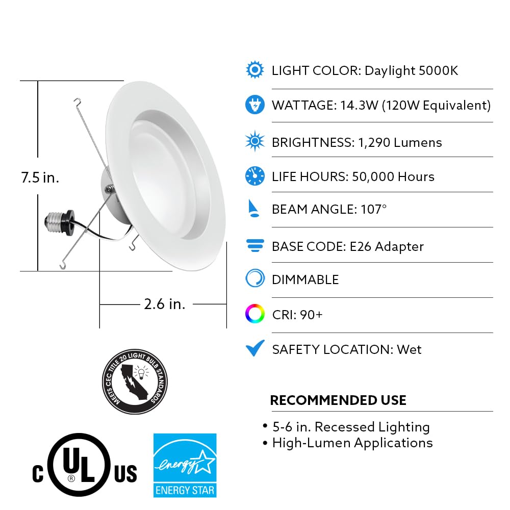 Feit Electric 5,6 inch LED Recessed Downlight, Pre,Mounted Trim, Standard E26 Base Adapter, Dimmable High Output 120W Equivalent, 1290 Lumens, 45 Year Life, 5000K Daylight - LEDR56HO/950CA