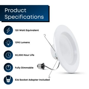 Feit Electric 5,6 inch LED Recessed Downlight, Pre,Mounted Trim, Standard E26 Base Adapter, Dimmable High Output 120W Equivalent, 1290 Lumens, 45 Year Life, 5000K Daylight - LEDR56HO/950CA