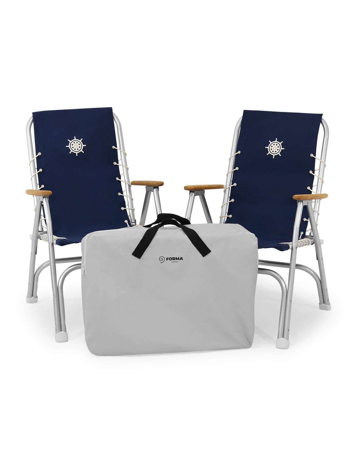 FORMA MARINE Boat Chairs High Back Off-White Deck Folding Marine Aluminum Teak Furniture Set of 2 M150W