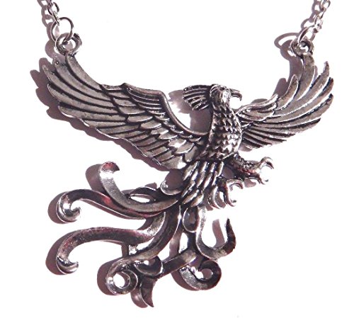 Silver Phoenix Pendant on Chain Necklace fire Bird Fantasy Creature Animal Wings Feathers