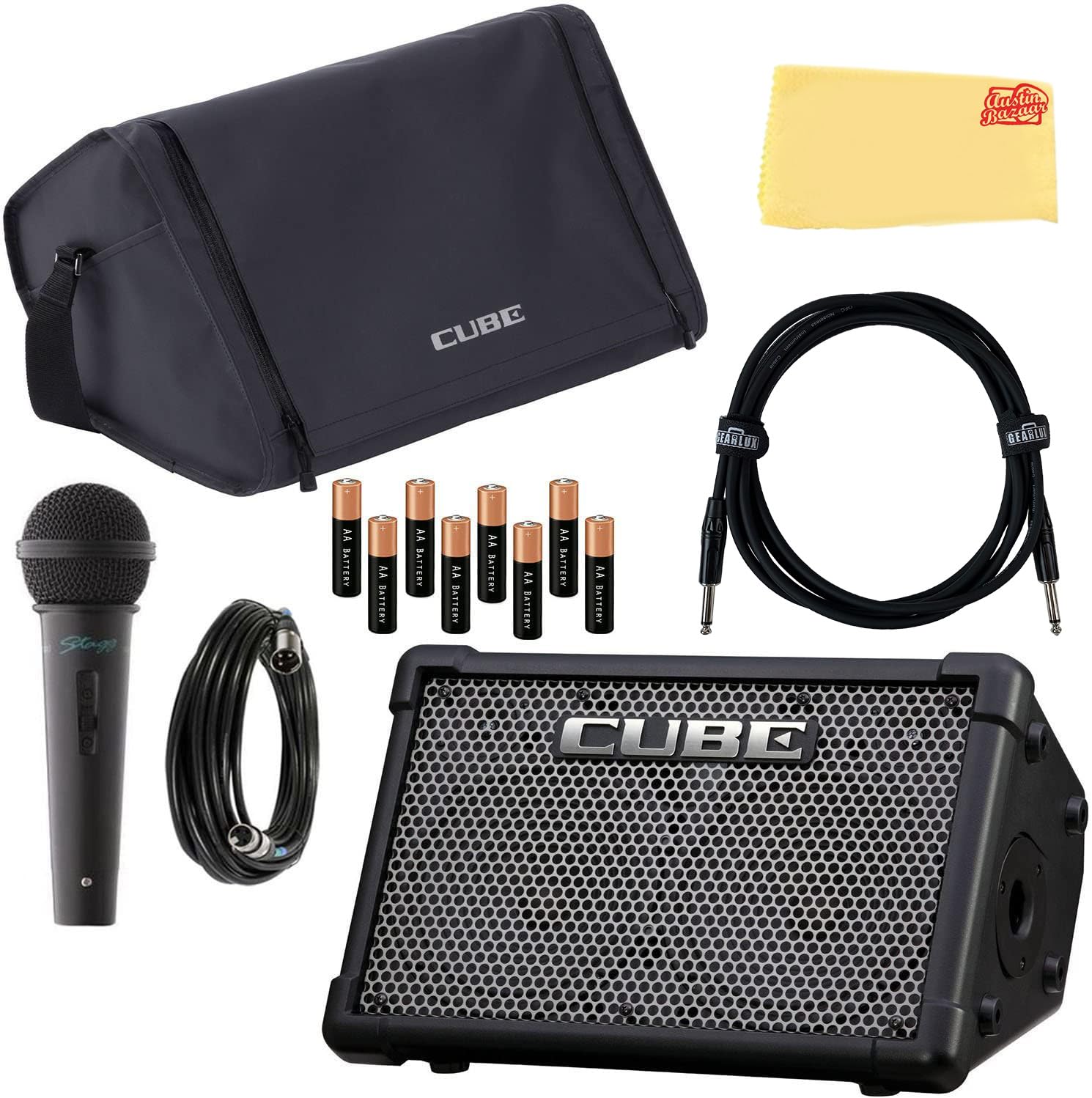 Roland Cube Street EX 4-Channel 50-Watt Battery-Powered Amplifier Bundle with Roland CB-CS2 Carrying Case, Microphone, Instrument Cable, Batteries, and Austin Bazaar Polishing Cloth