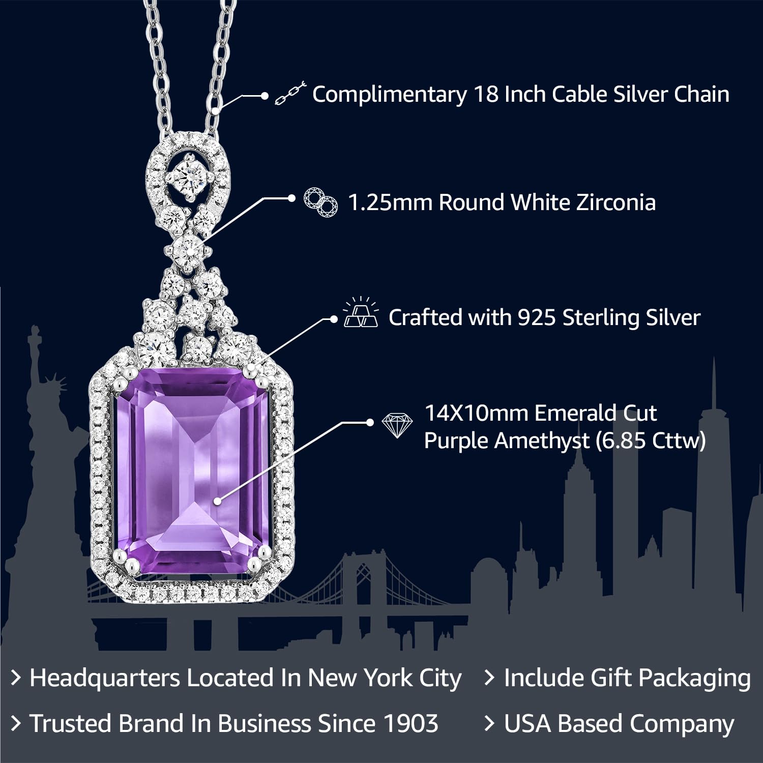 Gem Stone King 925 Sterling Silver Purple Amethyst Pendant Necklace For Women (6.85 Cttw, Gemstone Birthstone, Emerald Cut 14X10MM, with 18 Inch Silver Chain)