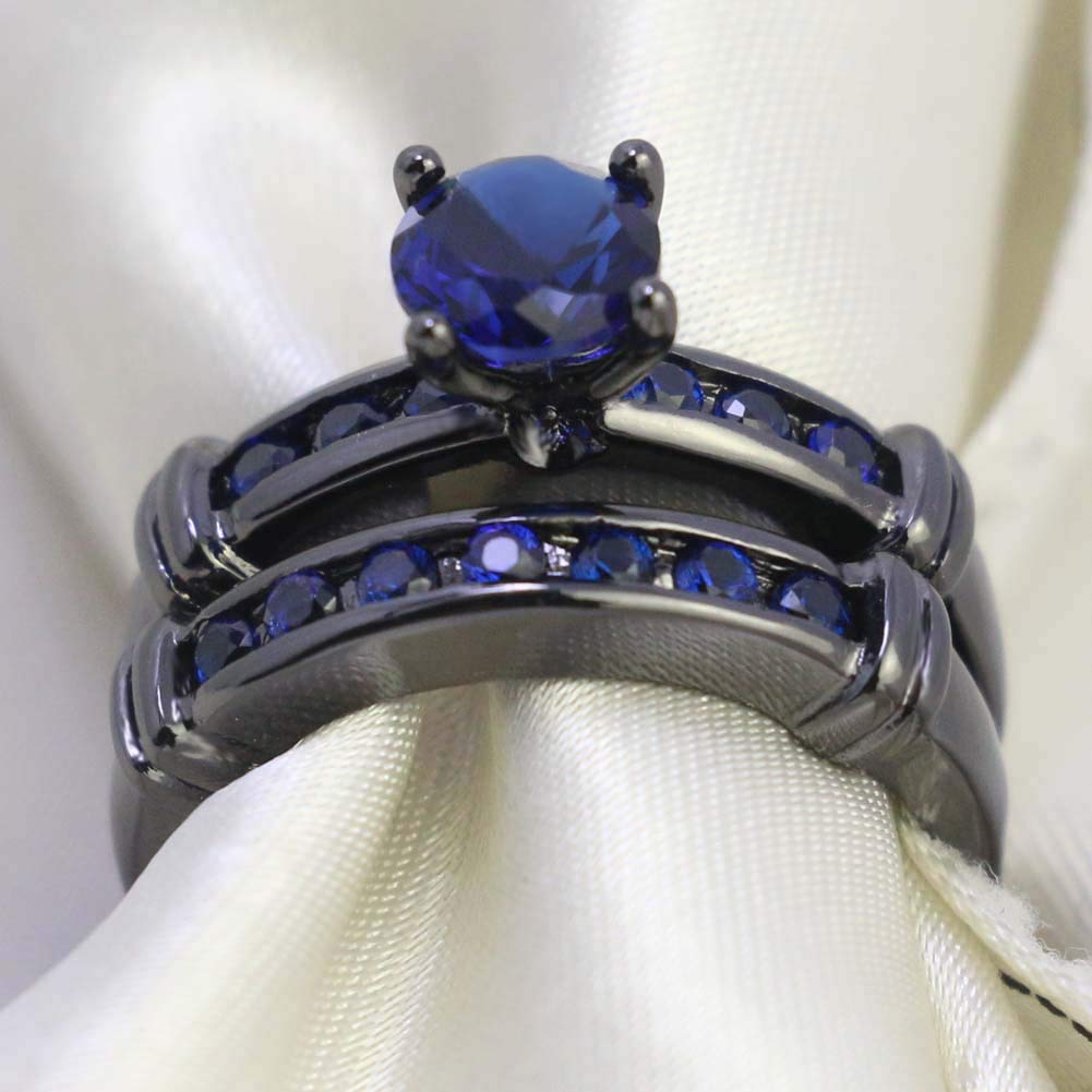 LOVERSRING Couple Ring Bridal Set His Hers Women Black Gold Filled Blue Agate Men Stainless Steel Wedding Ring Band