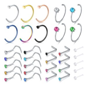 Zolure 18g 20g 22g Nose Rings Nose Studs Surgical Stainless Steel Screw L Shaped Pin Bone Nose Nostrial Piercing Jewerly for Women Men