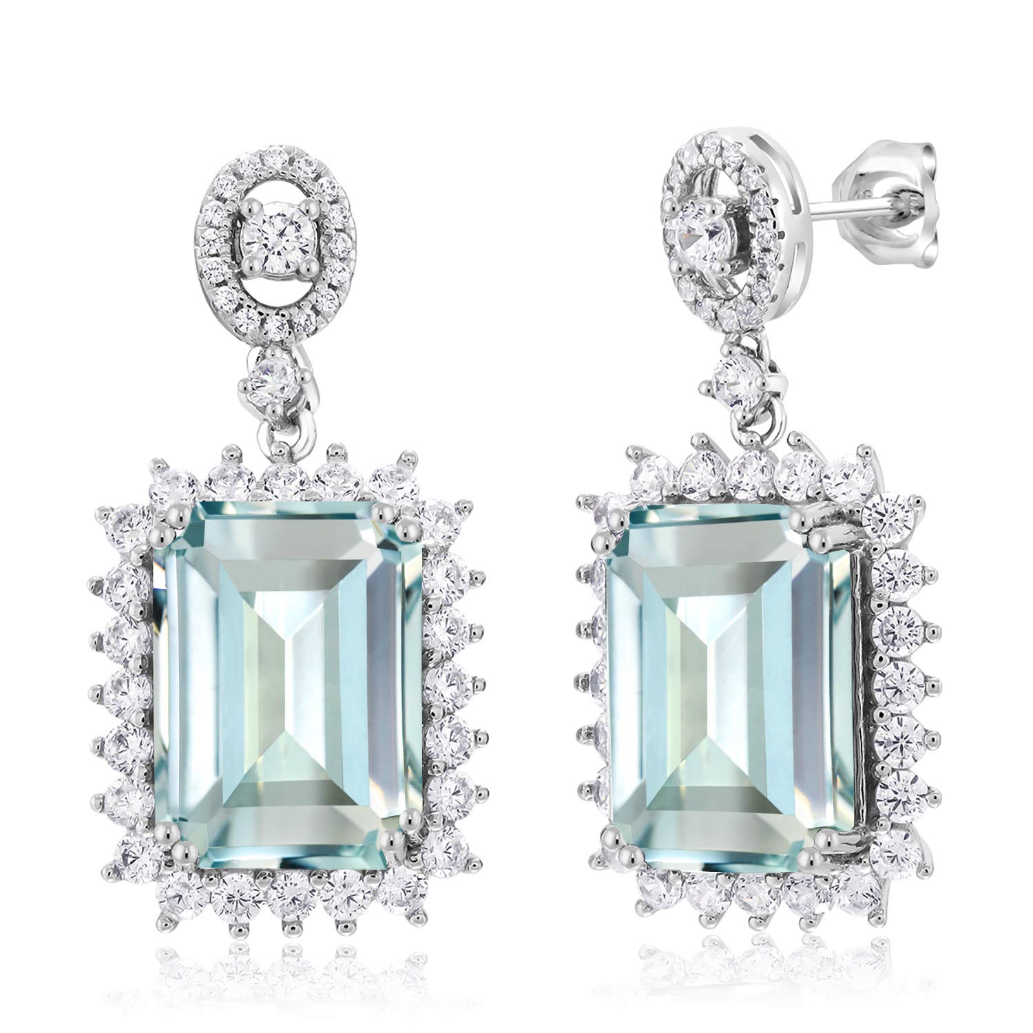 Gem Stone King 925 Sterling Silver Sky Blue Simulated Aquamarine Earrings | Emerald Cut 14X10MM Dangle Earrings For Women | Gemstone March Birthstone | 13.88 Cttw