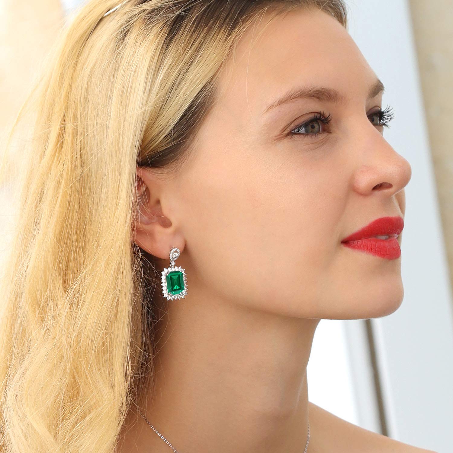 Gem Stone King 925 Sterling Silver Green Nano Emerald Dangle Earrings For Women (13.60 Cttw, Gemstone May Birthstone, Emerald Cut 14X10MM)