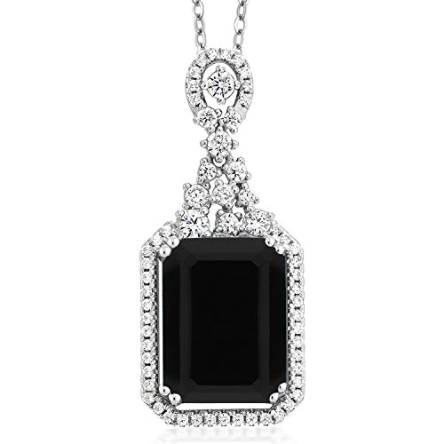 Gem Stone King 925 Sterling Silver Black Onyx Pendant Necklace For Women (7.20 Cttw, Gemstone Birthstone, Emerald Cut 14X10MM, with 18 Inch Silver Chain)