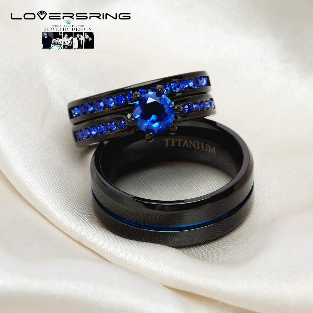 LOVERSRING Couple Ring Bridal Set His Hers Women Black Gold Filled Blue Agate Men Stainless Steel Wedding Ring Band