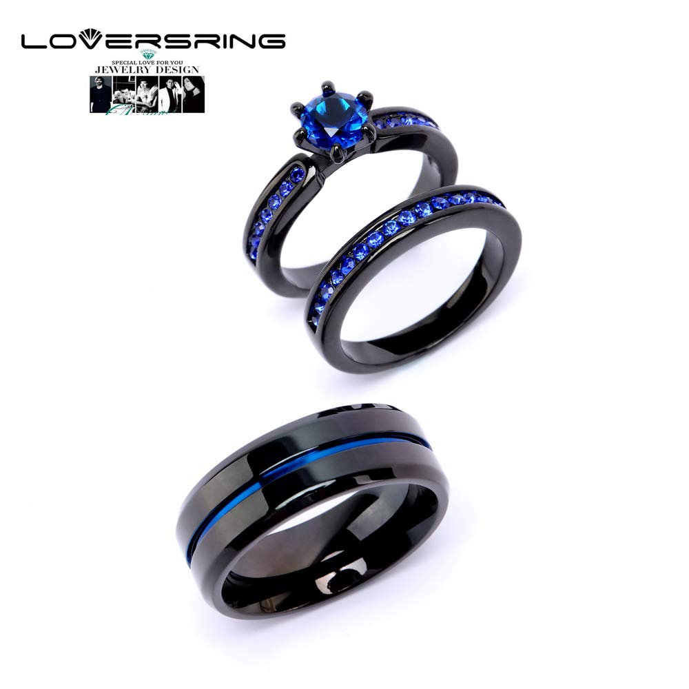 LOVERSRING Couple Ring Bridal Set His Hers Women Black Gold Filled Blue Agate Men Stainless Steel Wedding Ring Band