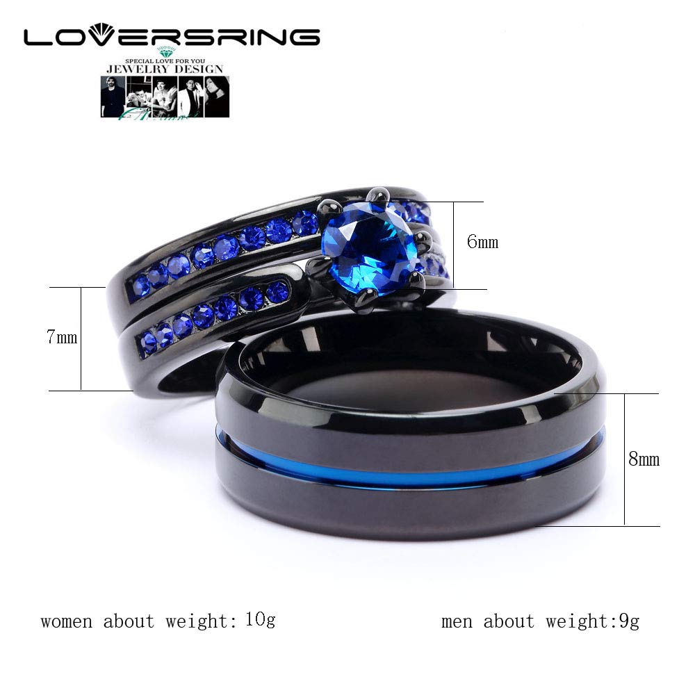 LOVERSRING Couple Ring Bridal Set His Hers Women Black Gold Filled Blue Agate Men Stainless Steel Wedding Ring Band