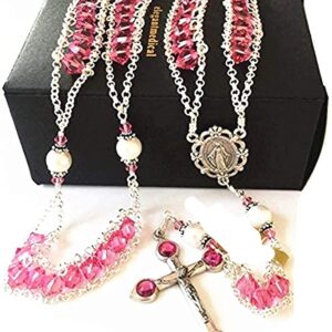 elegantmedical Ladder to Heaven Rose Pink Crystal & AAA10MM Real Pearl BEADS CATHOLIC ROSARY CROSS NECKLACE Sterling Silver beads caps