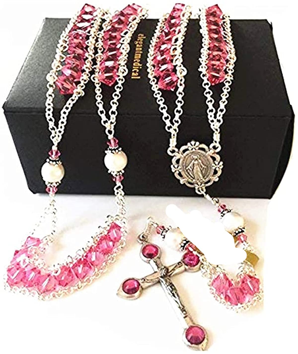 elegantmedical Ladder to Heaven Rose Pink Crystal & AAA10MM Real Pearl BEADS CATHOLIC ROSARY CROSS NECKLACE Sterling Silver beads caps