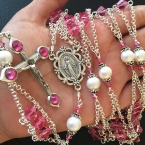 elegantmedical Ladder to Heaven Rose Pink Crystal & AAA10MM Real Pearl BEADS CATHOLIC ROSARY CROSS NECKLACE Sterling Silver beads caps