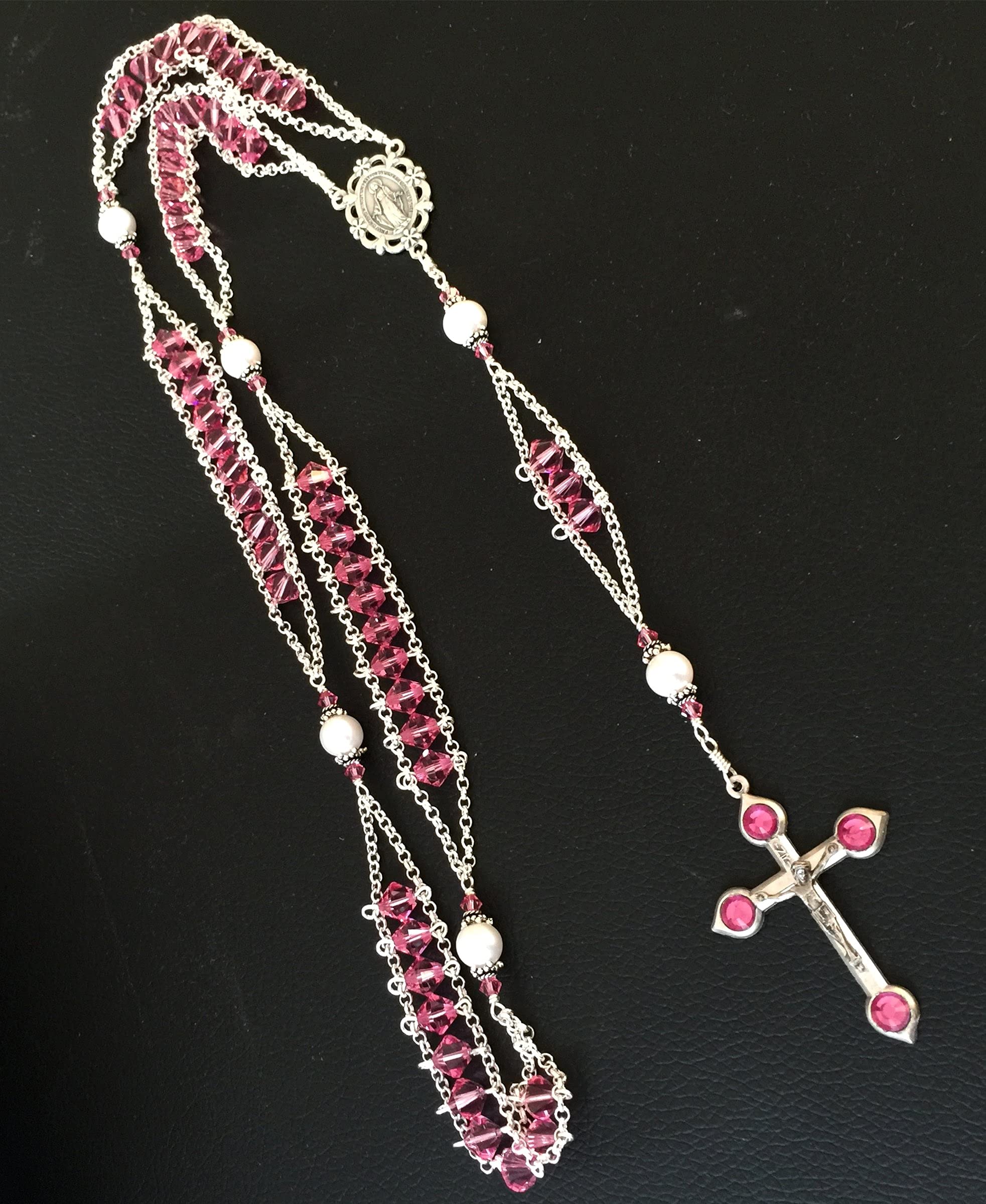 elegantmedical Ladder to Heaven Rose Pink Crystal & AAA10MM Real Pearl BEADS CATHOLIC ROSARY CROSS NECKLACE Sterling Silver beads caps