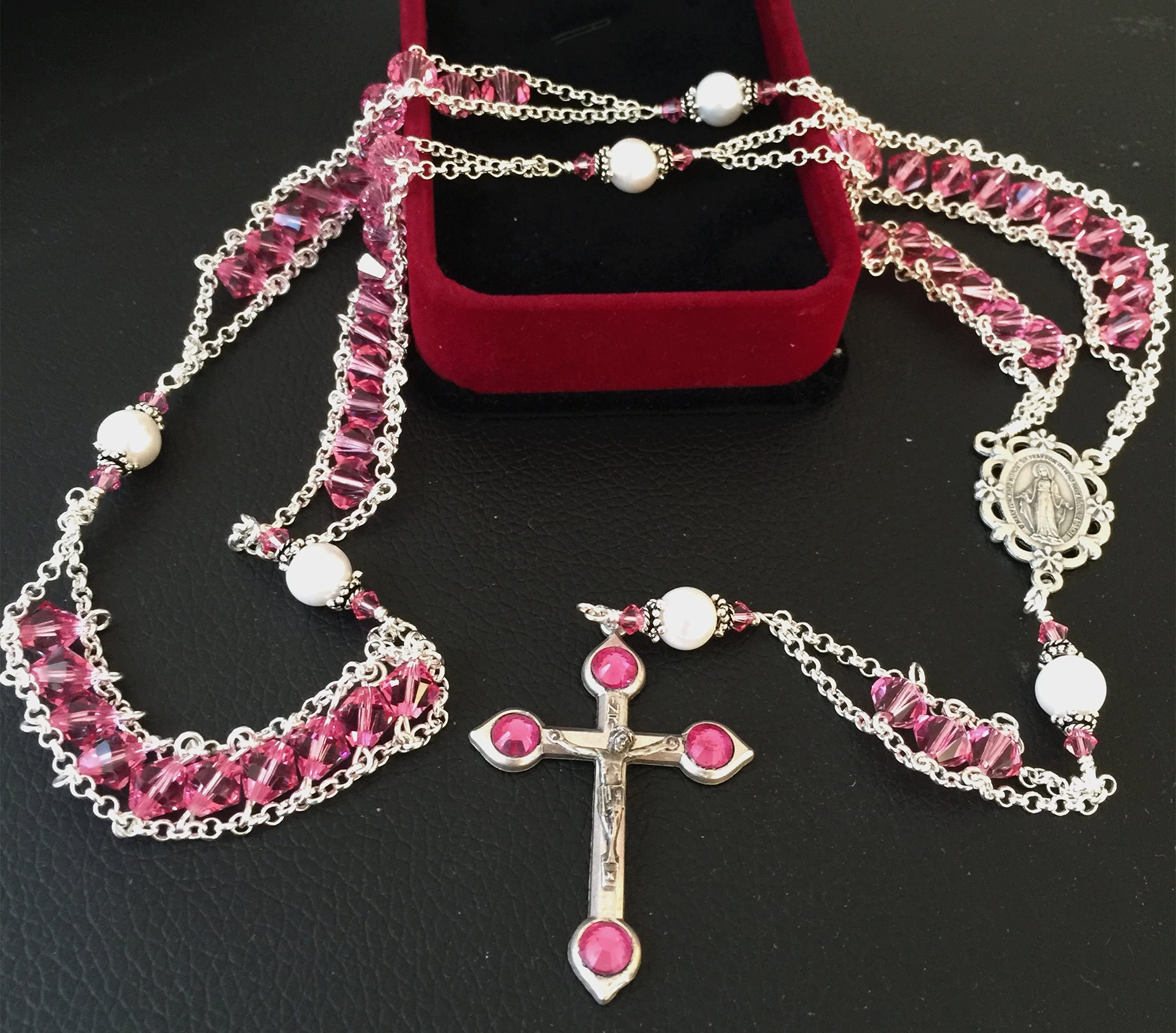 elegantmedical Ladder to Heaven Rose Pink Crystal & AAA10MM Real Pearl BEADS CATHOLIC ROSARY CROSS NECKLACE Sterling Silver beads caps