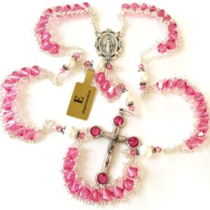 elegantmedical Ladder to Heaven Rose Pink Crystal & AAA10MM Real Pearl BEADS CATHOLIC ROSARY CROSS NECKLACE Sterling Silver beads caps