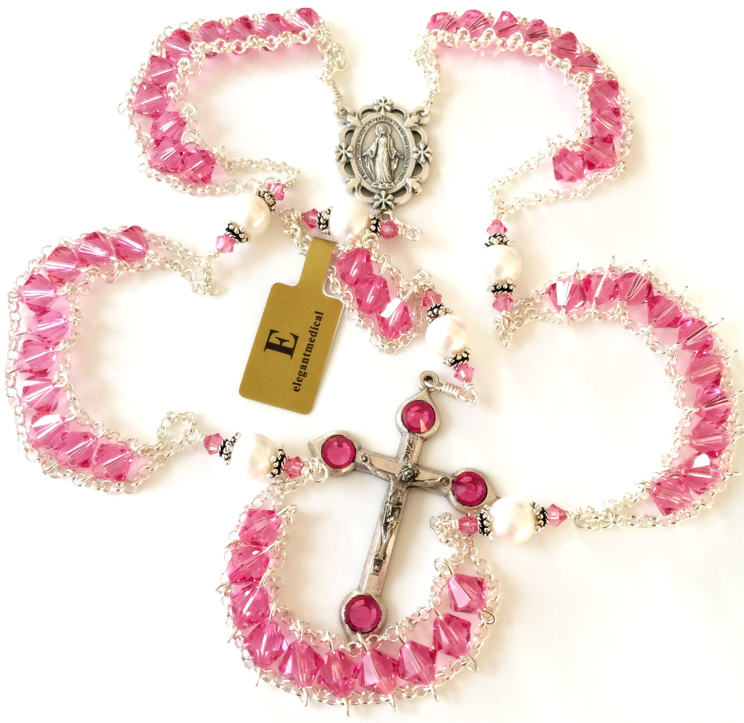 elegantmedical Ladder to Heaven Rose Pink Crystal & AAA10MM Real Pearl BEADS CATHOLIC ROSARY CROSS NECKLACE Sterling Silver beads caps