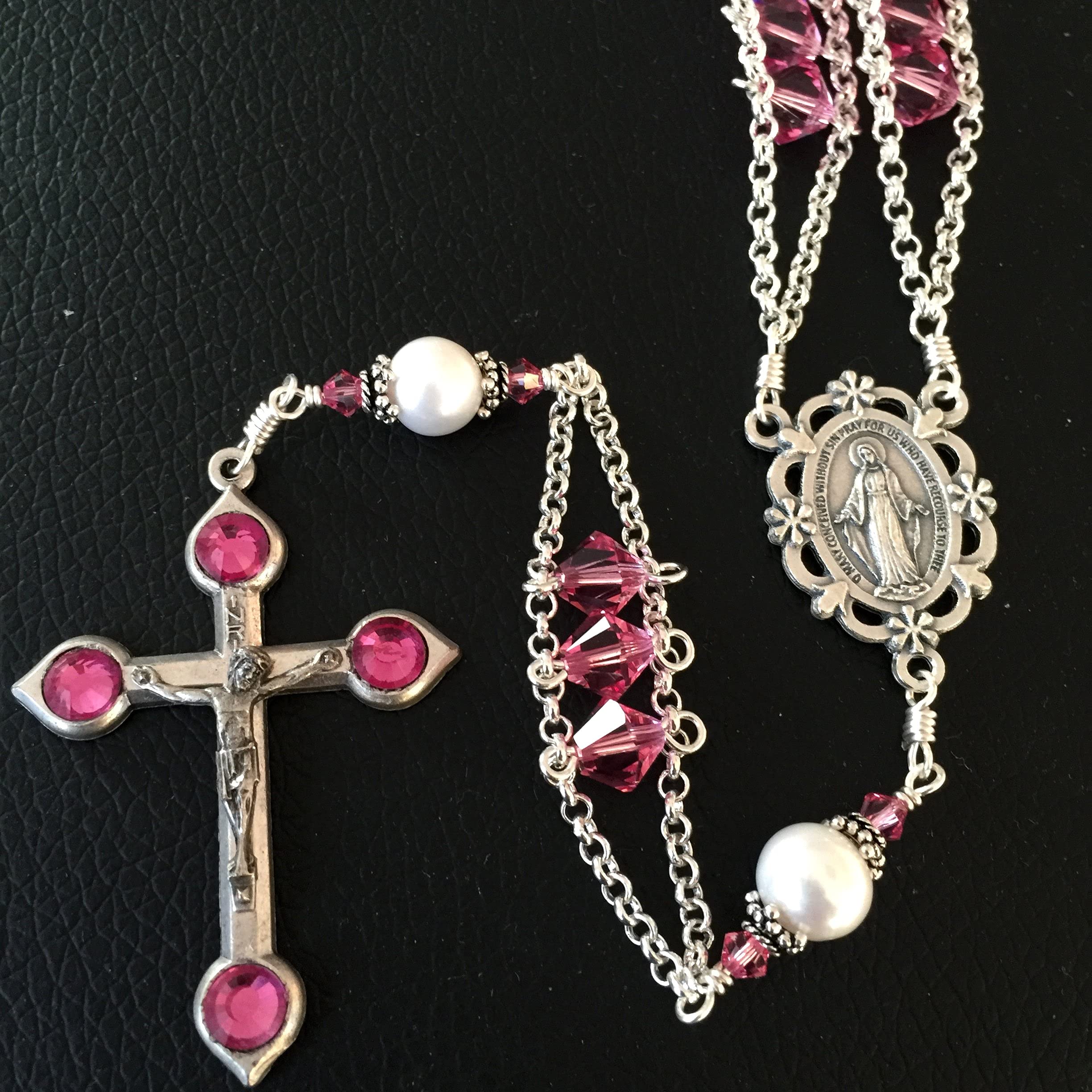 elegantmedical Ladder to Heaven Rose Pink Crystal & AAA10MM Real Pearl BEADS CATHOLIC ROSARY CROSS NECKLACE Sterling Silver beads caps