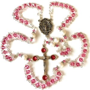 elegantmedical Ladder to Heaven Rose Pink Crystal & AAA10MM Real Pearl BEADS CATHOLIC ROSARY CROSS NECKLACE Sterling Silver beads caps